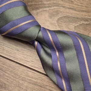 MASSIMO‎ BIZZOCCHI Italy Metallic Green Light Blue Striped Pattern Mens Silk Tie